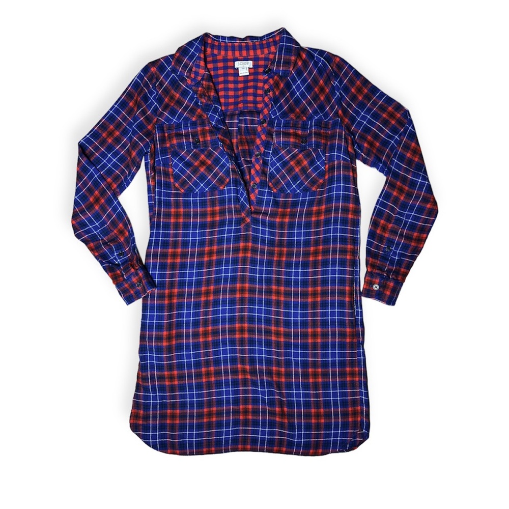 J Crew Red Blue Flannel Long Sleeve Mini Dress Vneck Women's XXS Oversized Fit